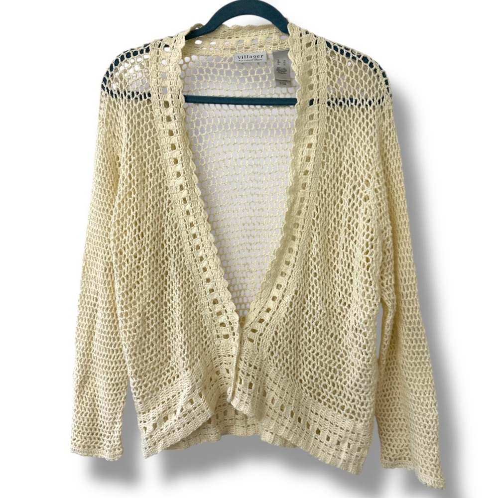 Vintage Villager Cream Open Knit Cardigan Womens Size XL Boho Hippie Cottagecore